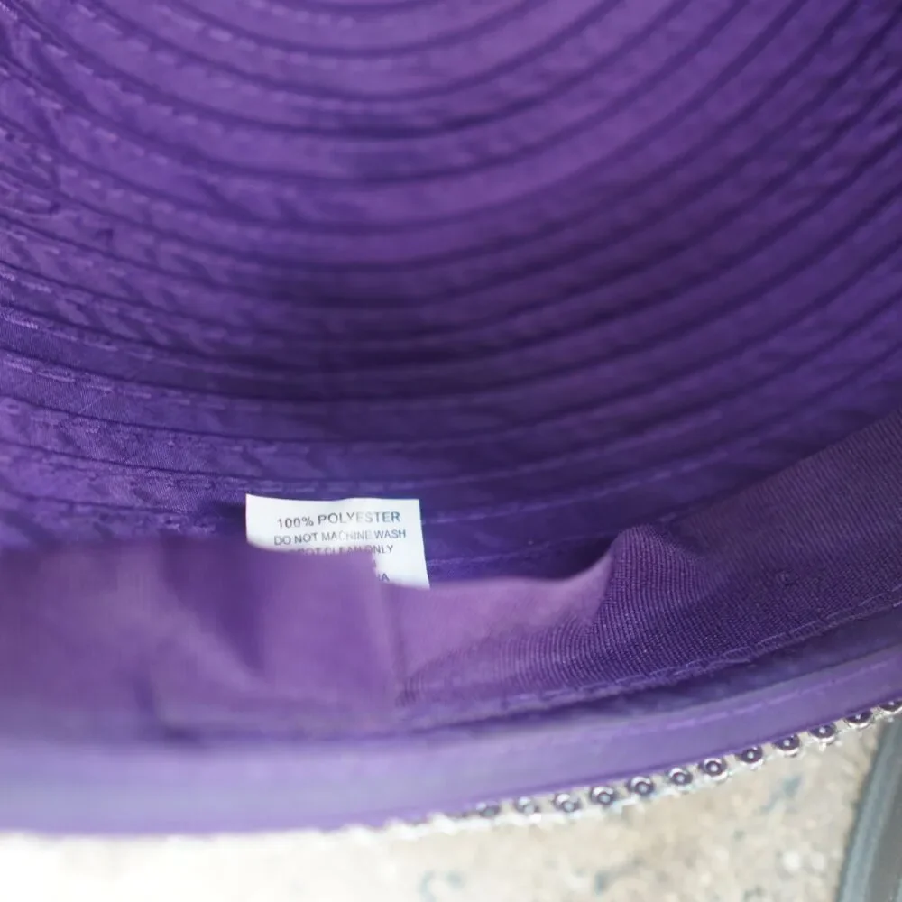Purple Ribbon Straw Church Hat Rhinestone Bow Vintage Style Pillbox Cloche 7.5”